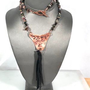 Tourmaline Gemstone Beaded Boho Solid Copper Necklace Pendant Fringe Leather